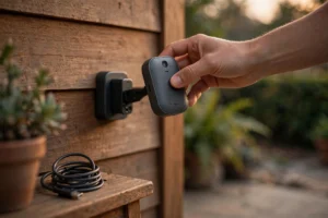 Video doorbell removed from its mount beside the charging cable when the video doorbell battery is dying fast