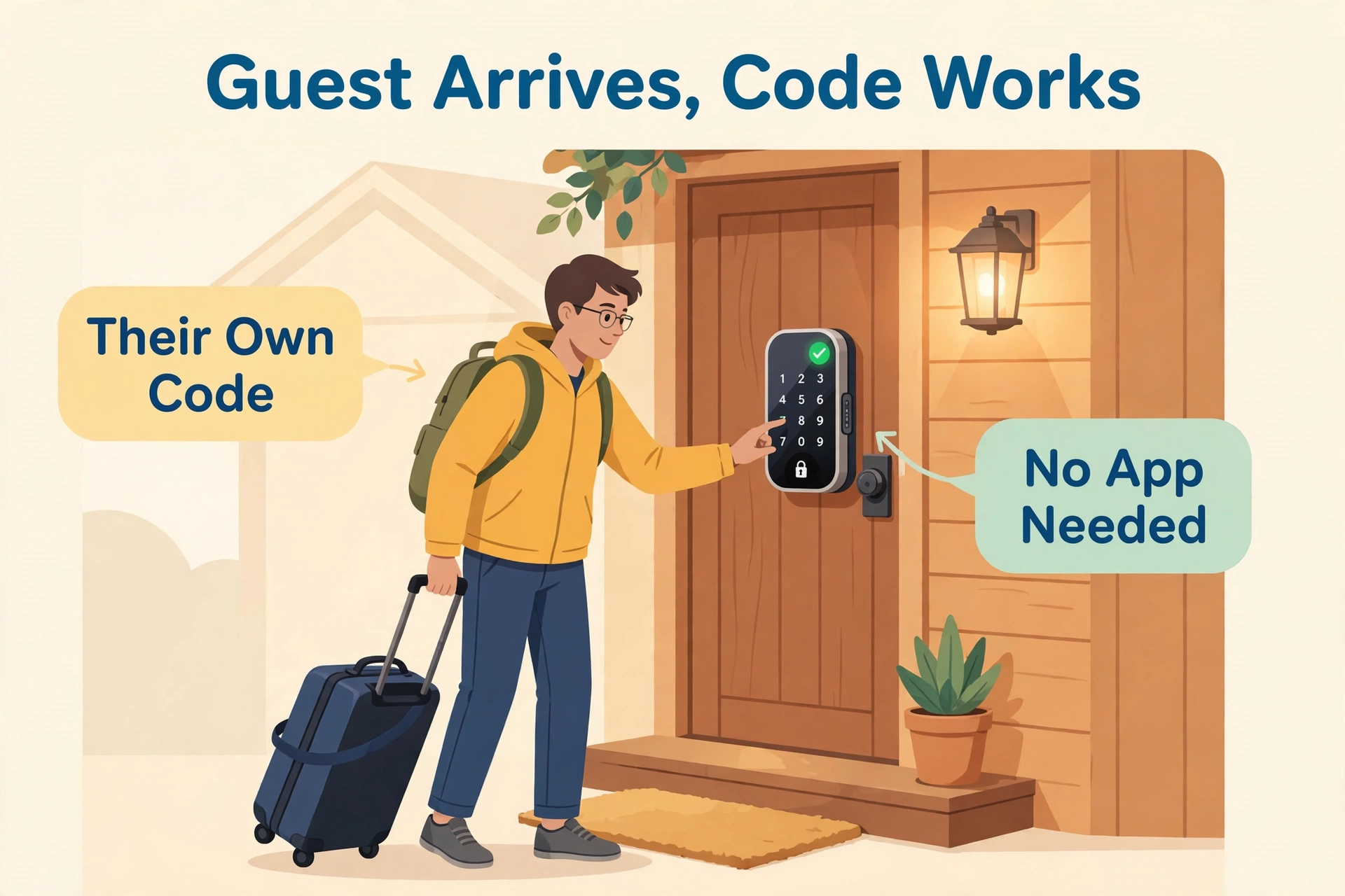 Guest using a smart lock keypad at the front door in the evening