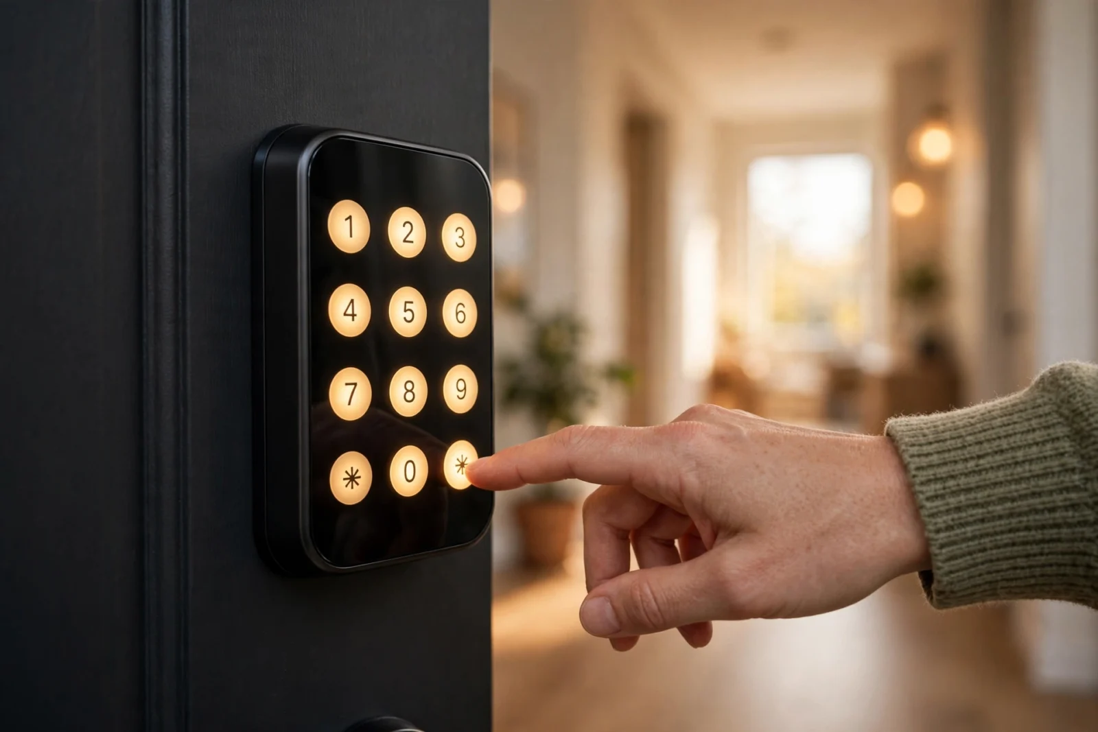 Guest entering a temporary code on a smart lock keypad