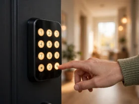 Guest entering a temporary code on a smart lock keypad