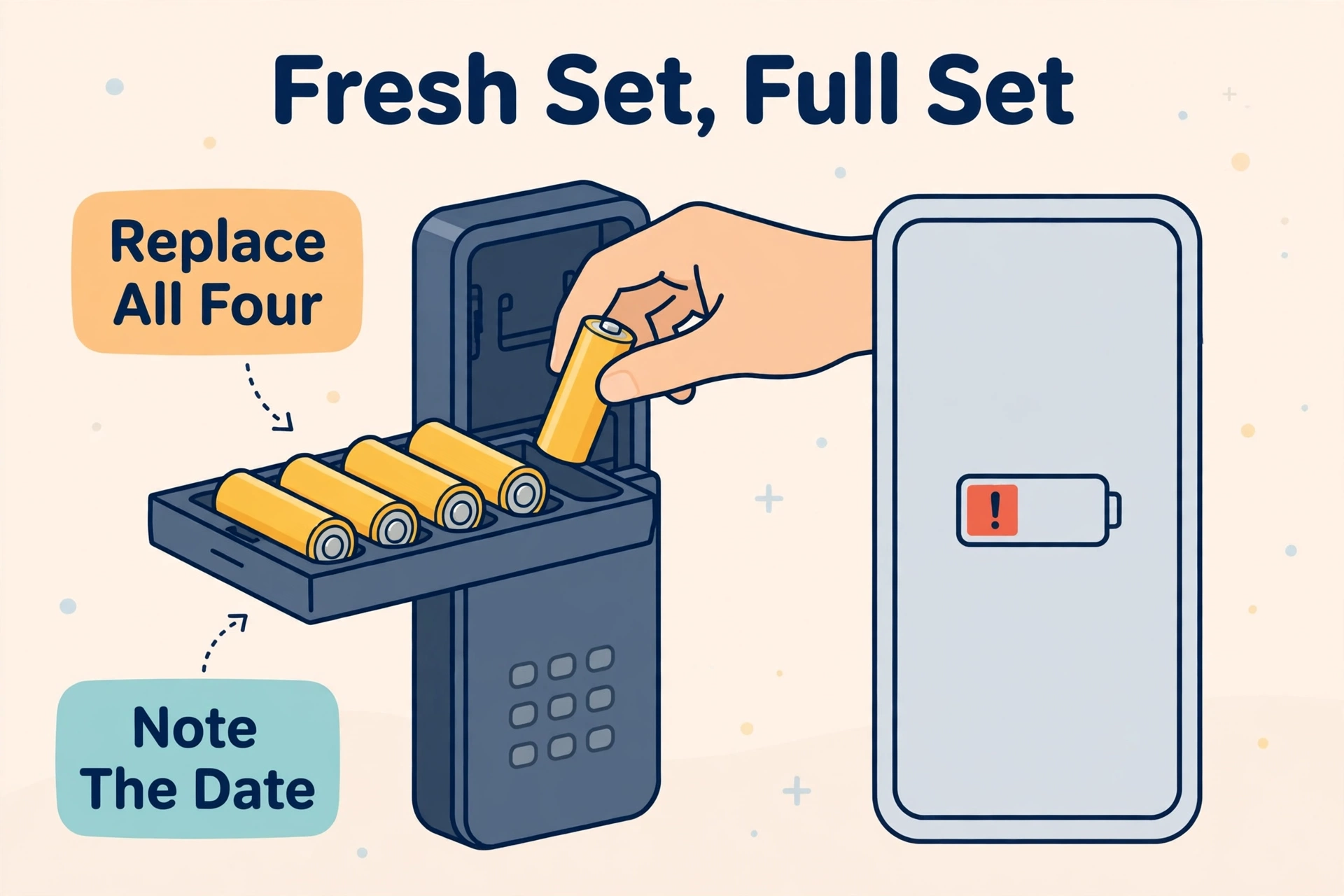 Fresh AA batteries being installed in a smart lock beside a calendar