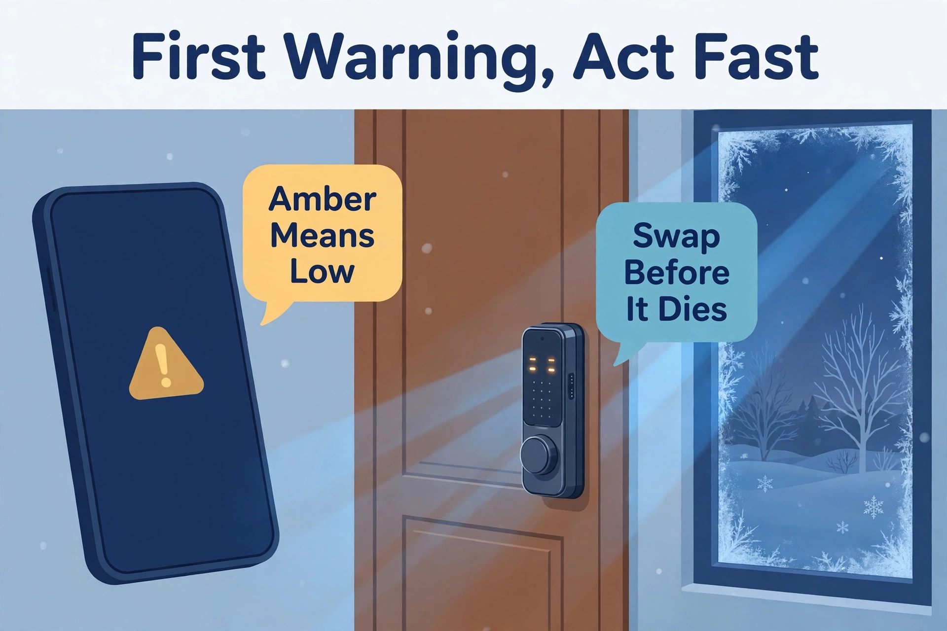 Smart lock on a frosty front door showing a low battery warning