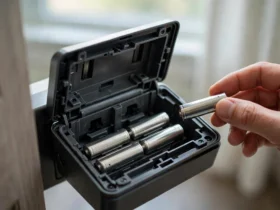 Open smart lock with fresh AA batteries being replaced