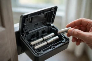 Open smart lock with fresh AA batteries being replaced