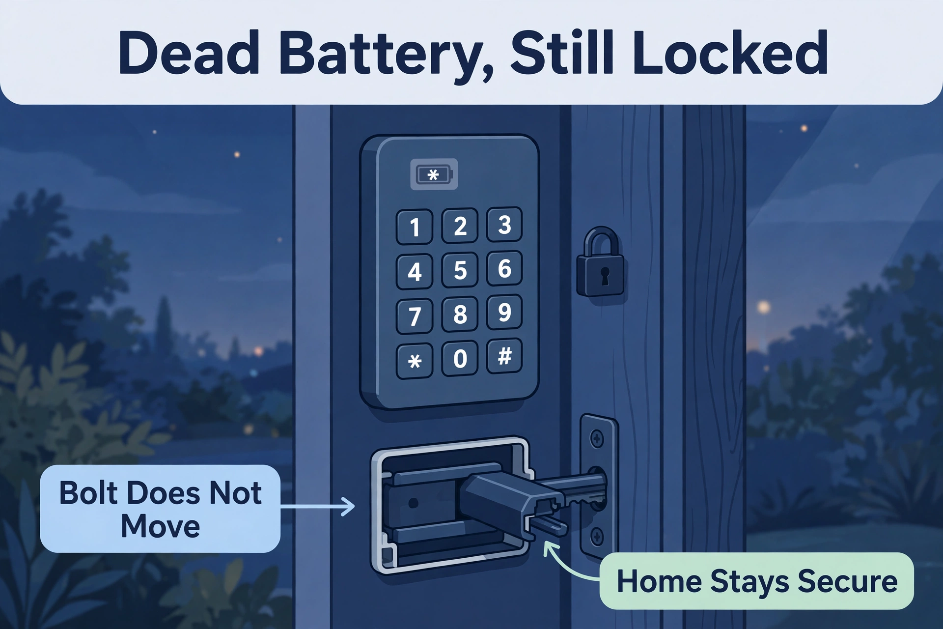 Dead smart lock keypad dark and unlit while the deadbolt stays locked