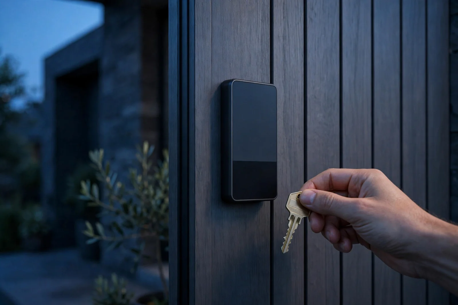 Dead smart lock keypad with a physical backup key held nearby