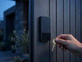 Dead smart lock keypad with a physical backup key held nearby