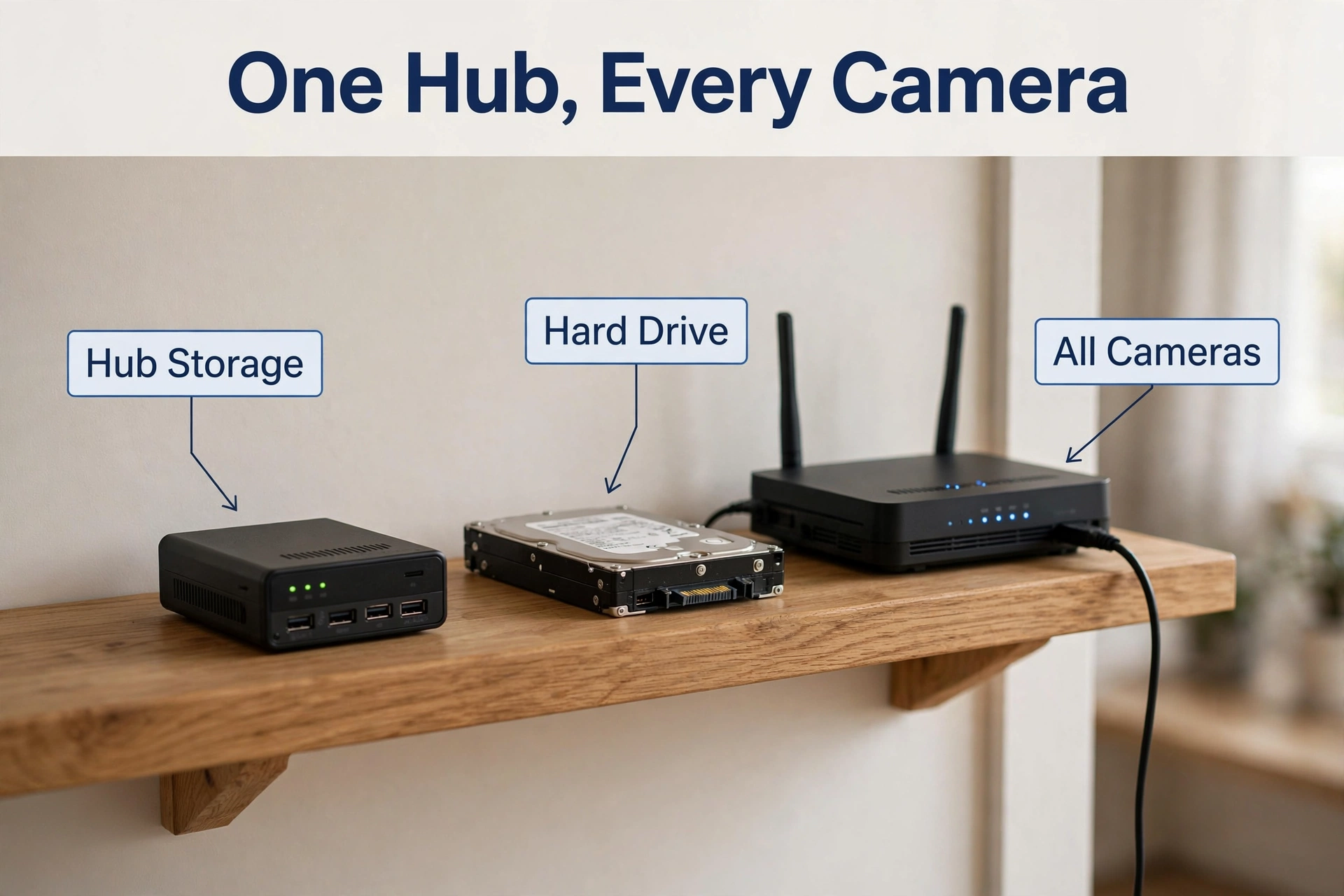 Home hub storing security camera footage on a hard drive