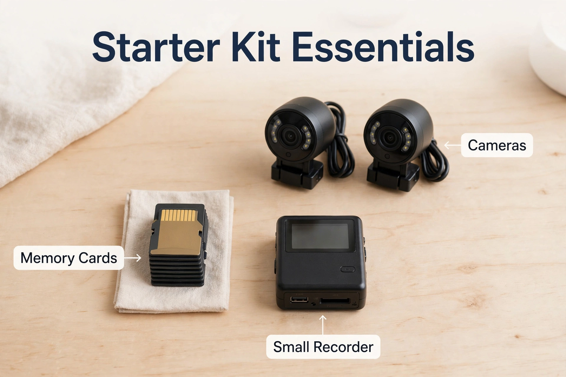 Camera starter kit with memory cards hub and recorder laid out