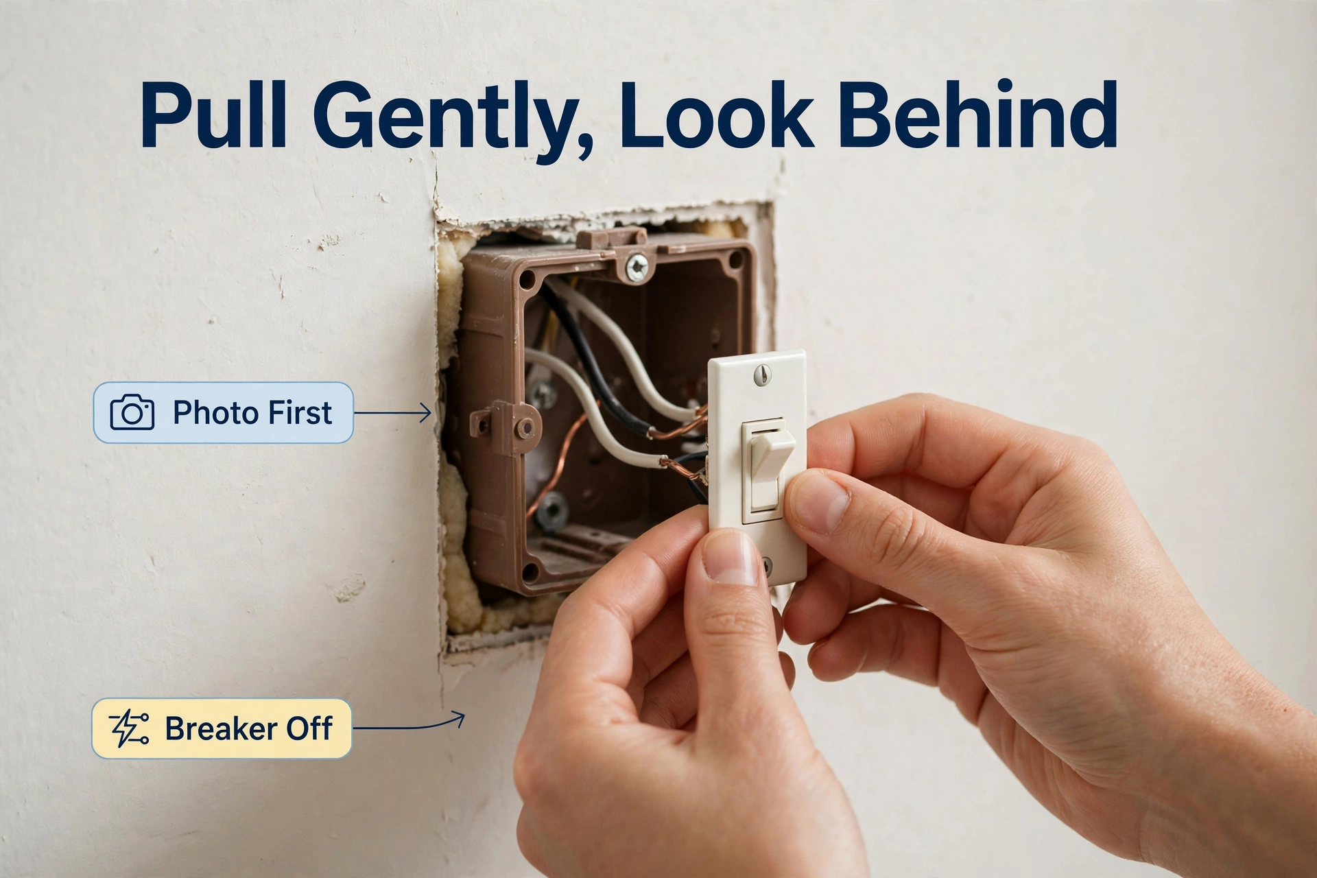 Looking behind a pulled-out light switch into the back of the box