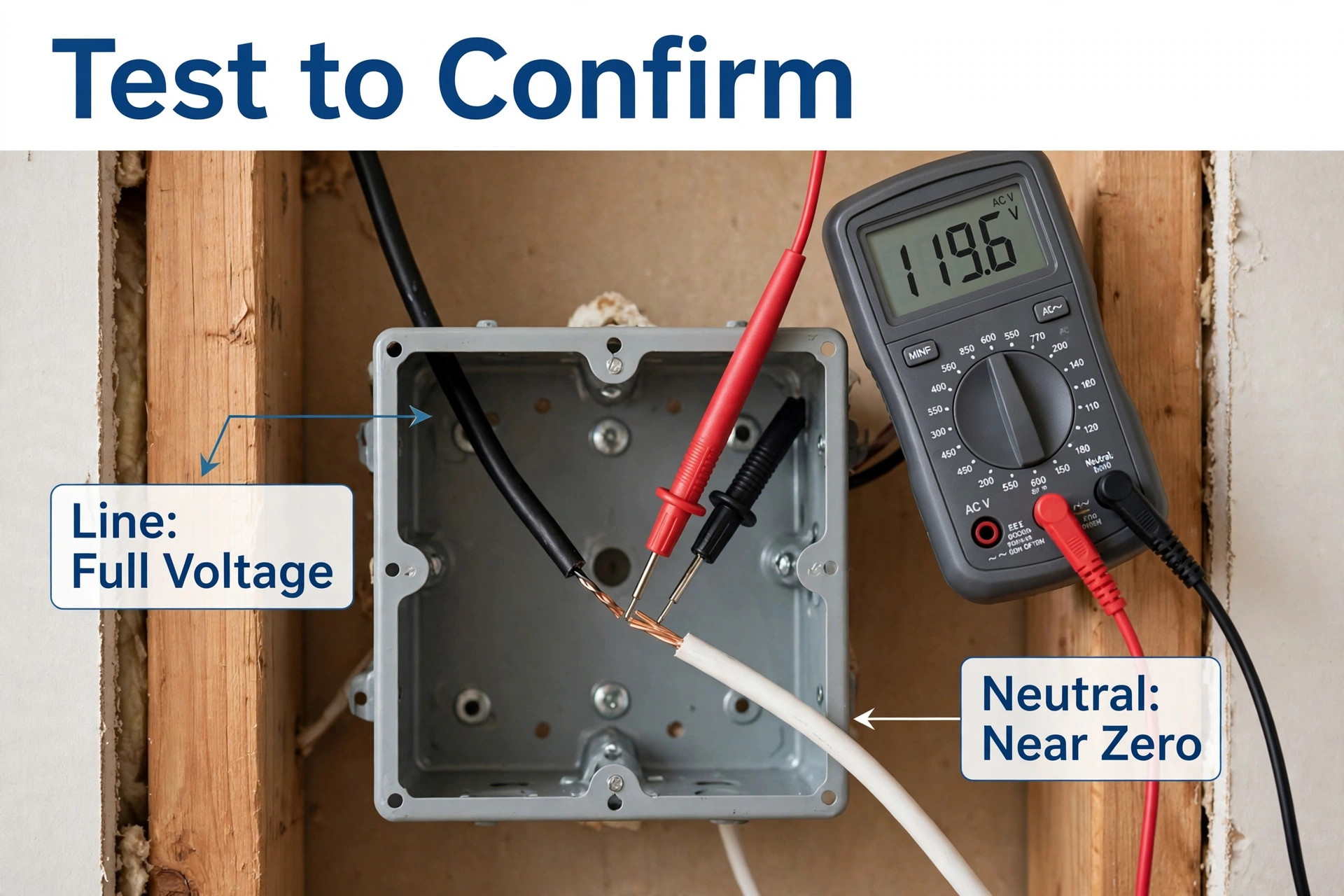 Multimeter confirming line-to-neutral voltage in a switch box