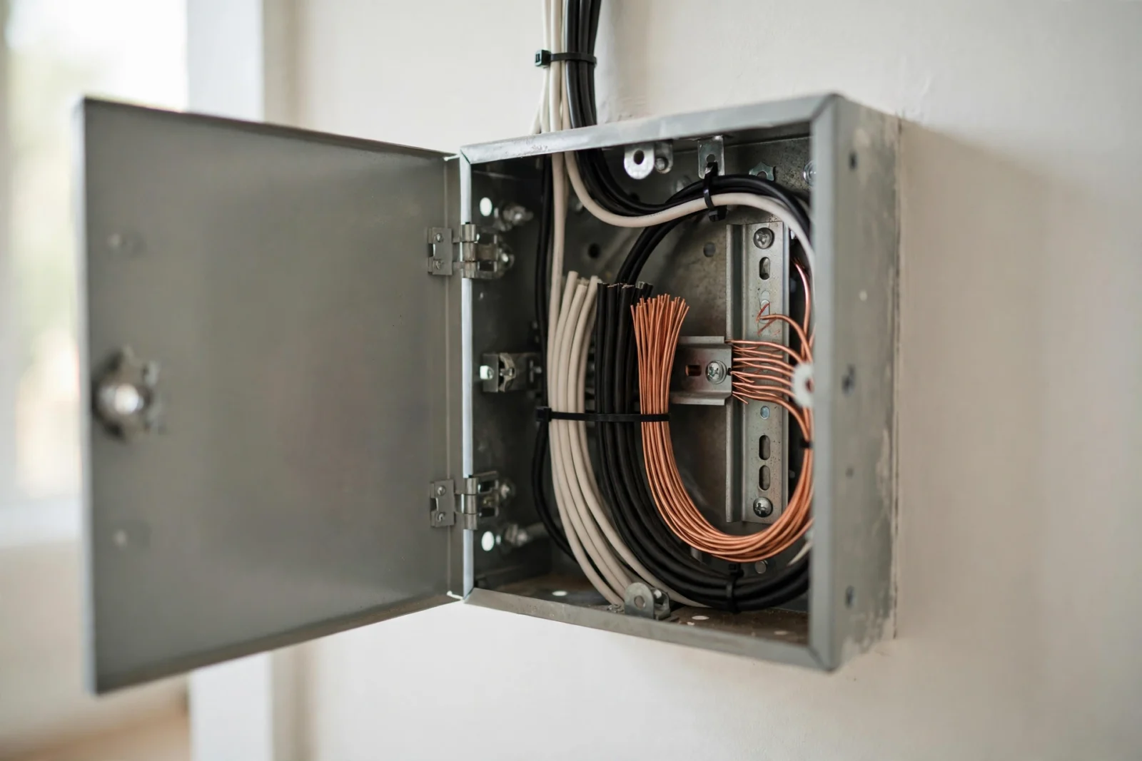 Open switch box with bundled wires ready for identification