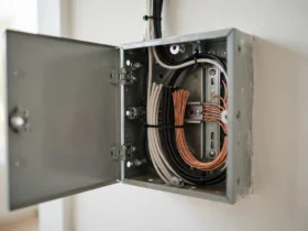 Open switch box with bundled wires ready for identification