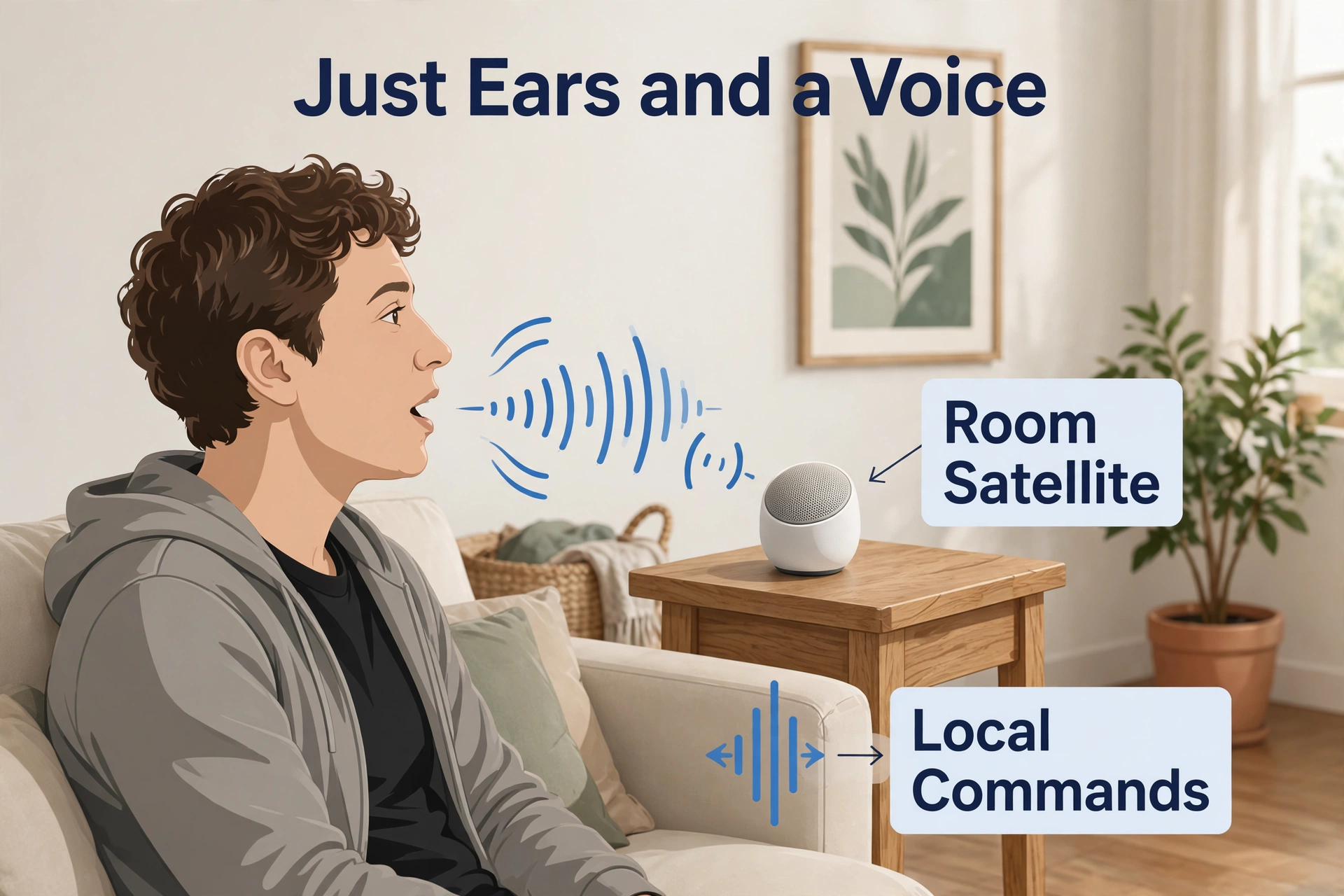 Small voice satellite on a side table handling local commands