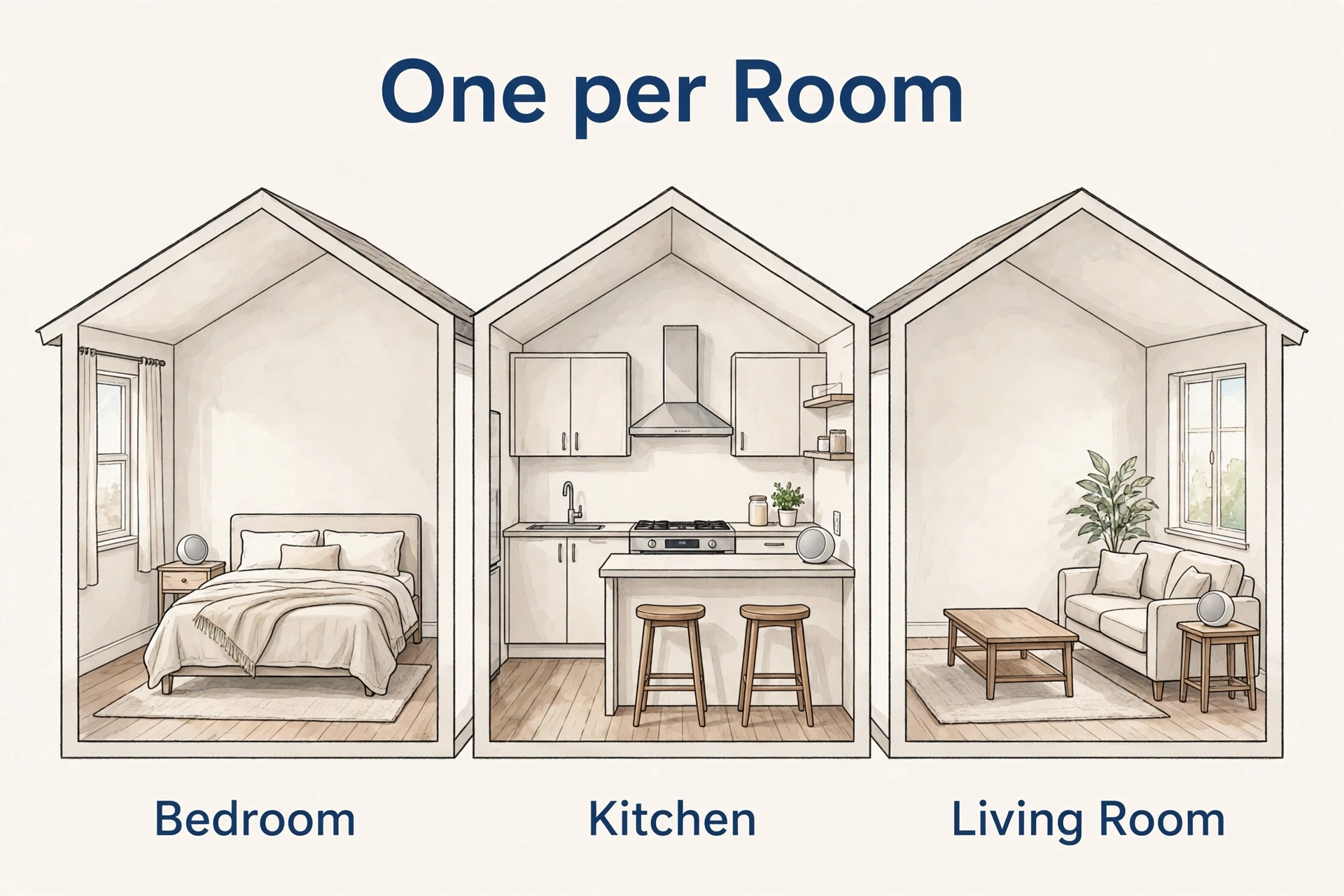 Voice satellites in bedroom, kitchen, and living room on one network