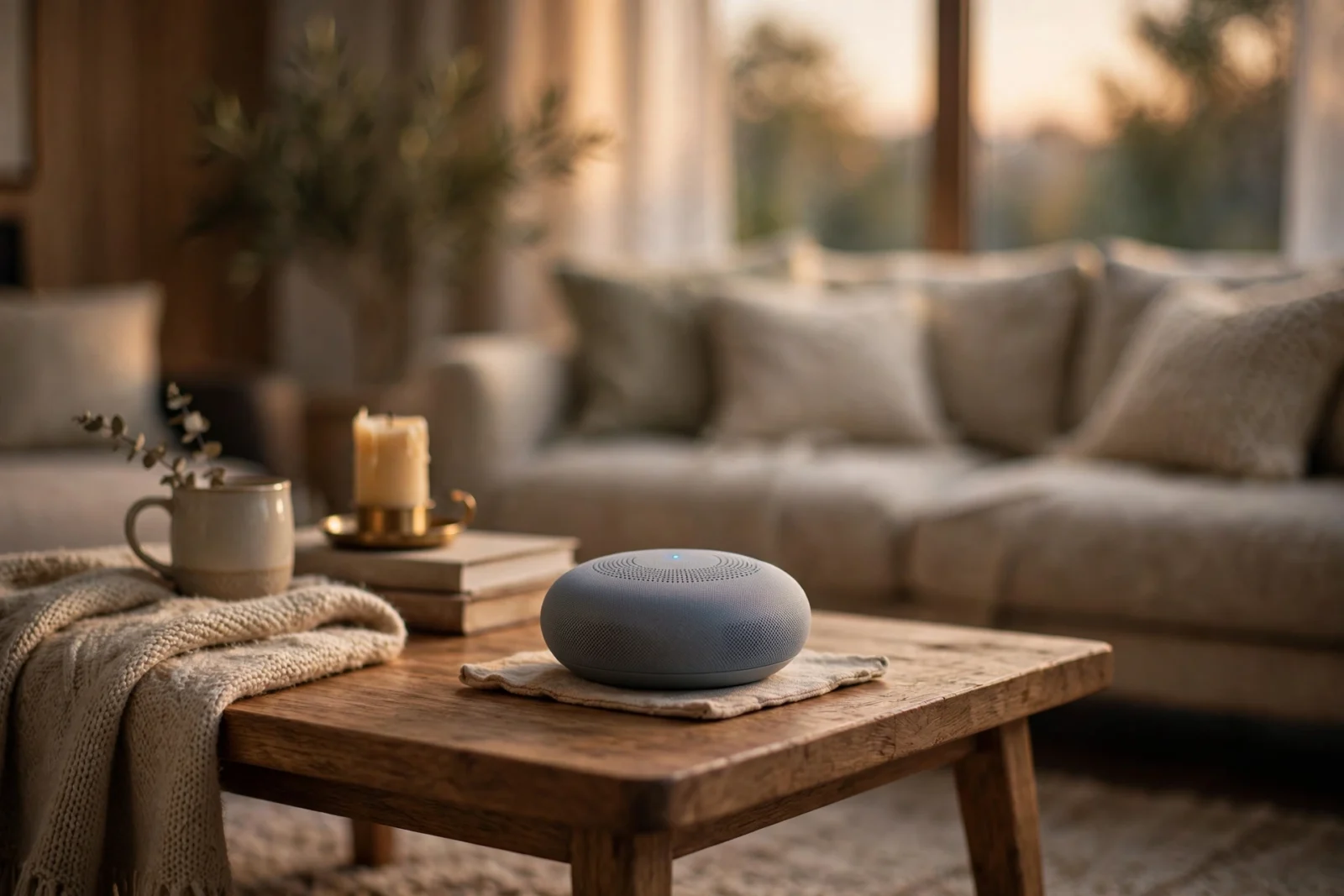 Offline voice satellite on a side table in a living room
