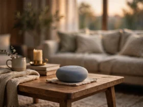 Offline voice satellite on a side table in a living room