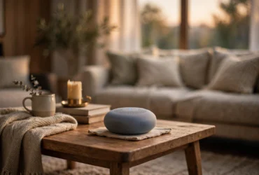 Offline voice satellite on a side table in a living room