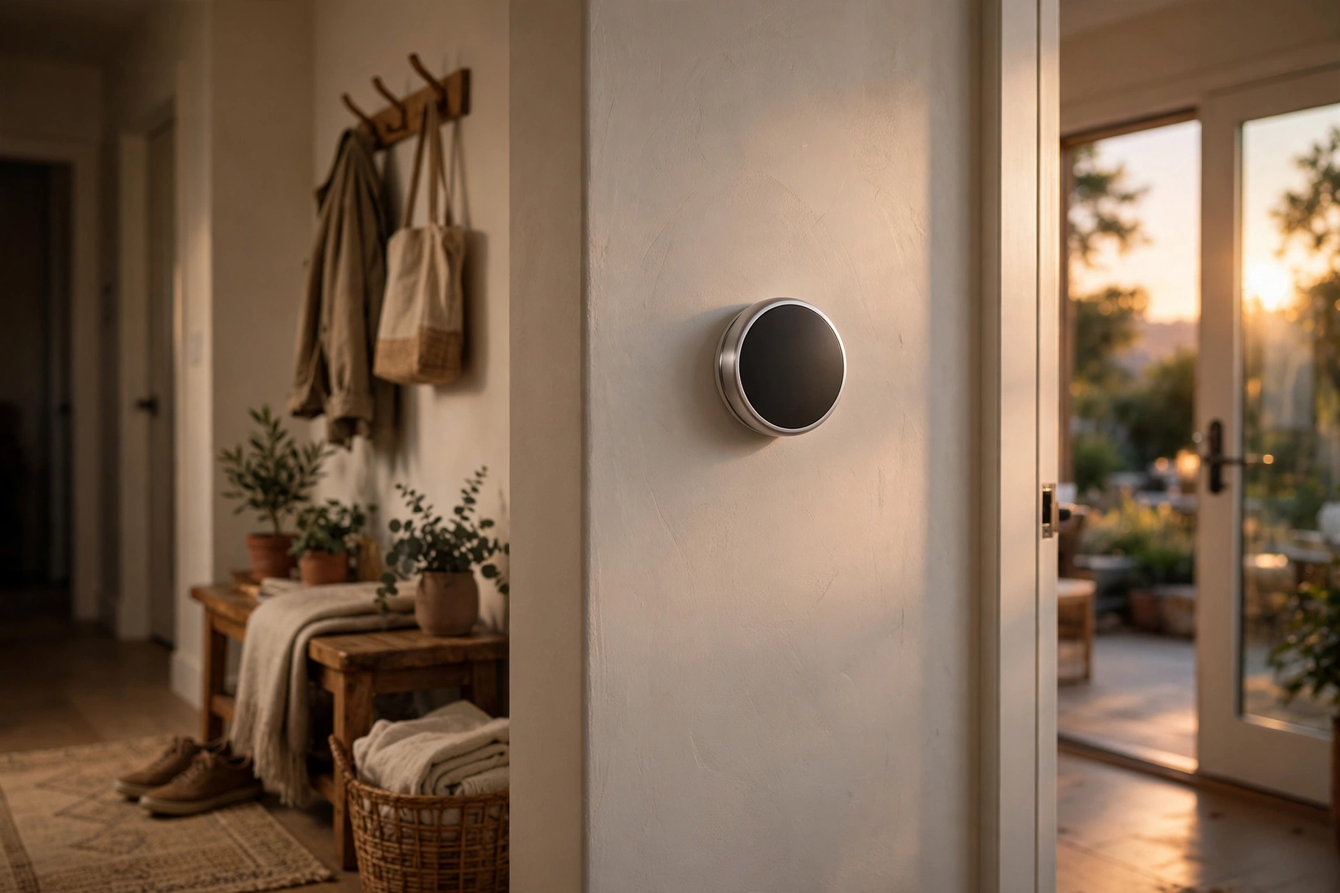 A sleek round smart thermostat mounted on a hallway wall, glowing in warm evening light through glass doors