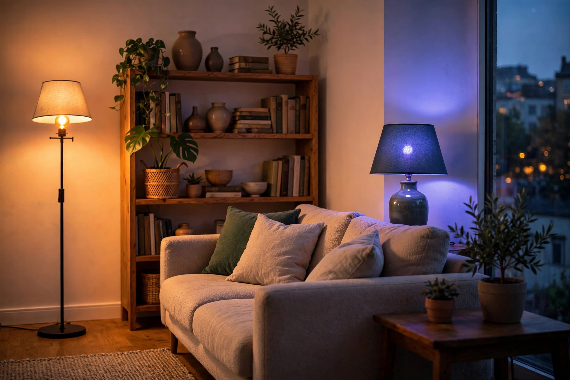 Cozy living room with warm and colorful smart lamps lighting a sofa and bookshelf at dusk
