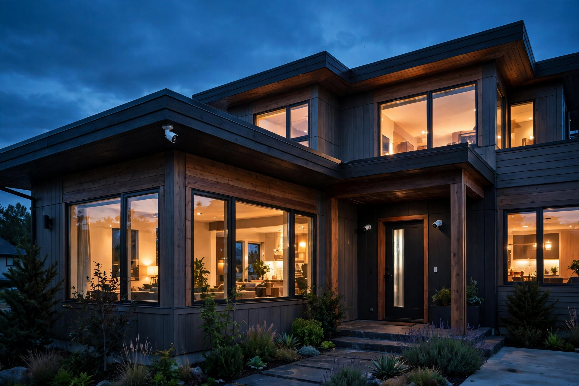 Modern home exterior at dusk with security cameras mounted under the eaves