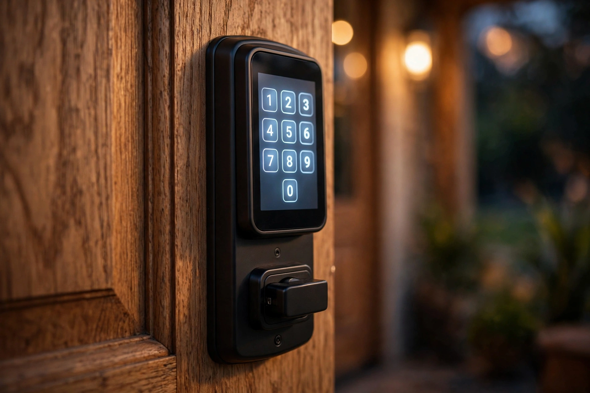 Close-up of a matte-black smart deadbolt with touchscreen keypad on a wooden front door