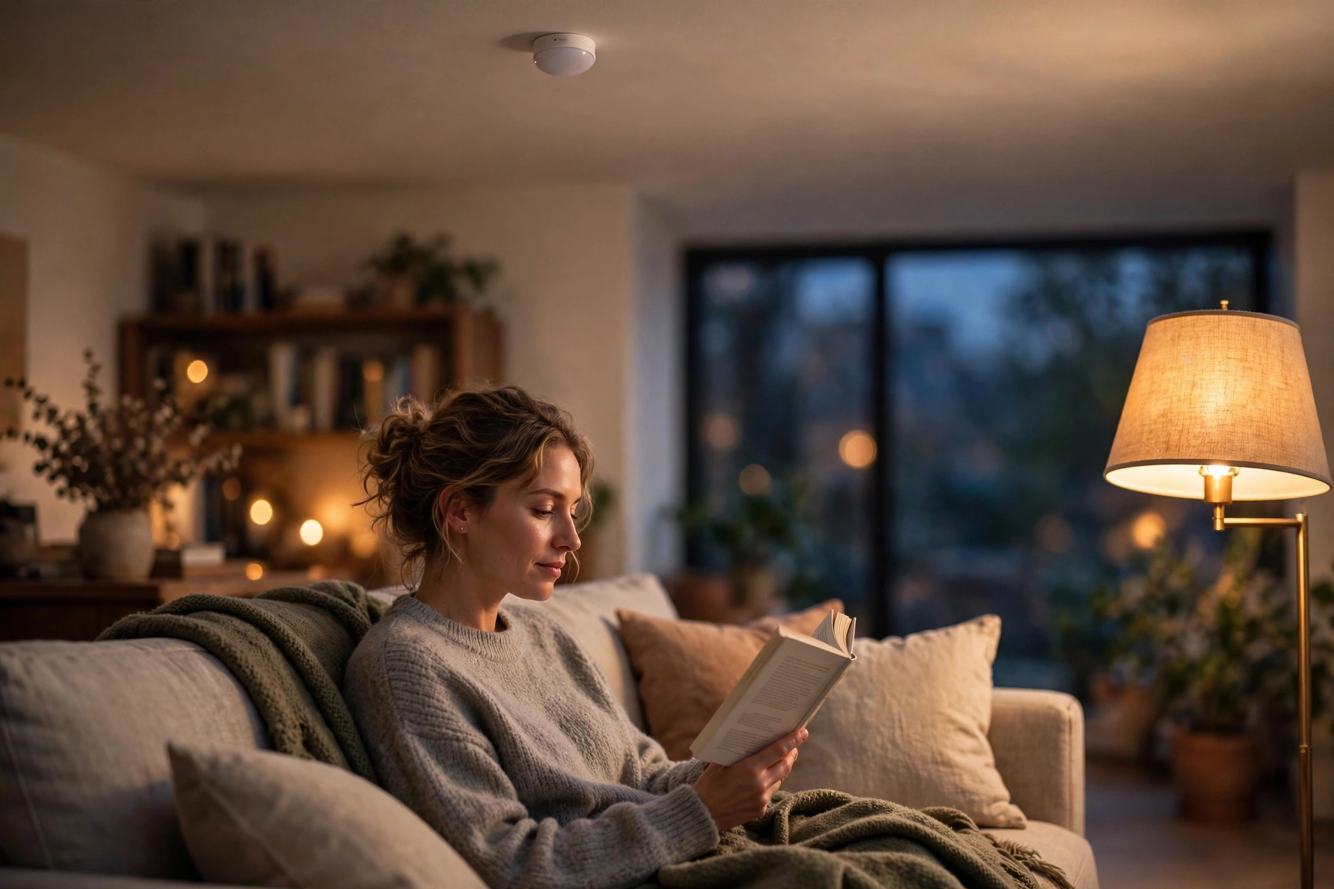 A woman reading on a sofa in a cozy living room with a small ceiling-mounted presence sensor above