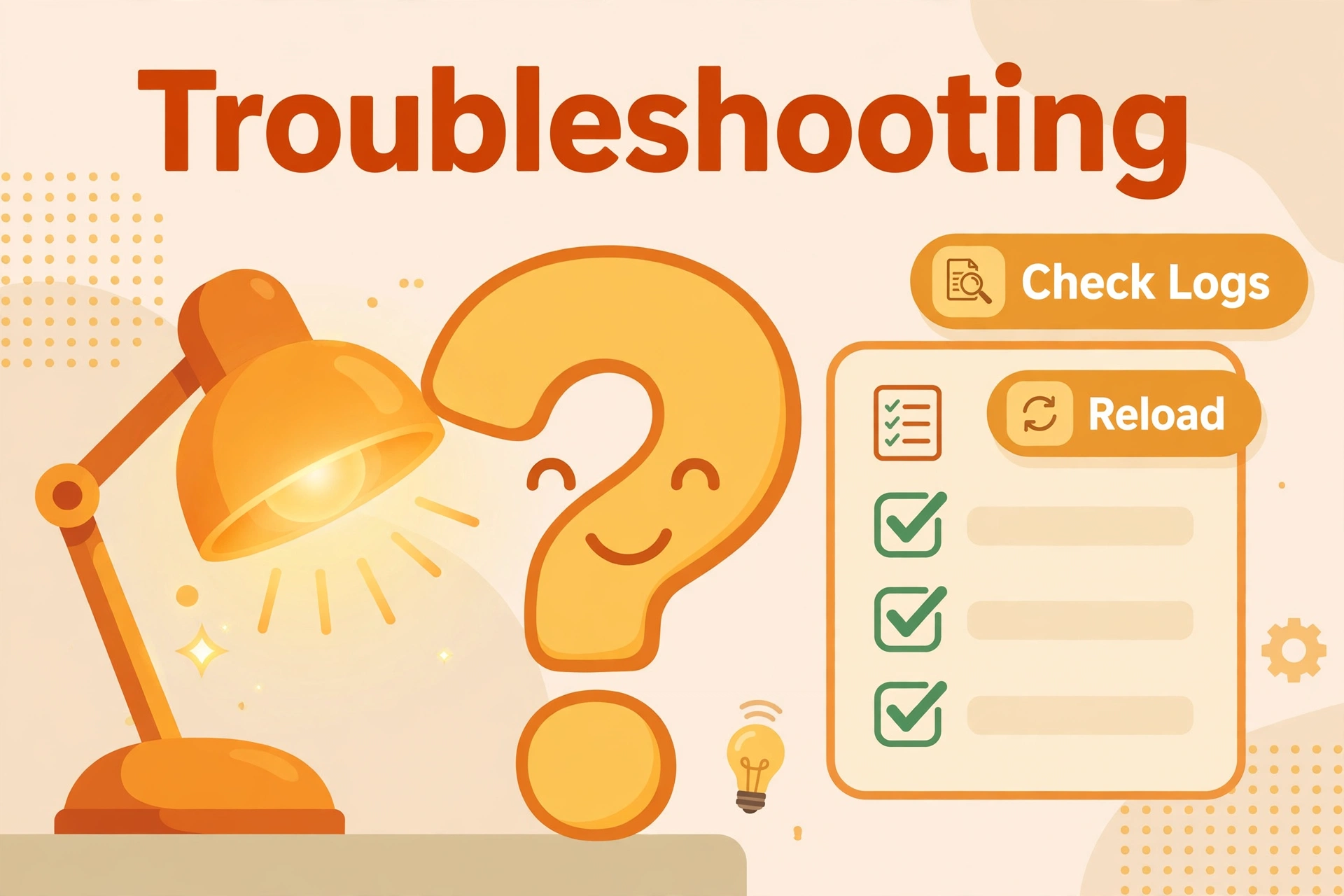 Troubleshooting illustration with a lamp, question mark and checklist for fixing adaptive lighting