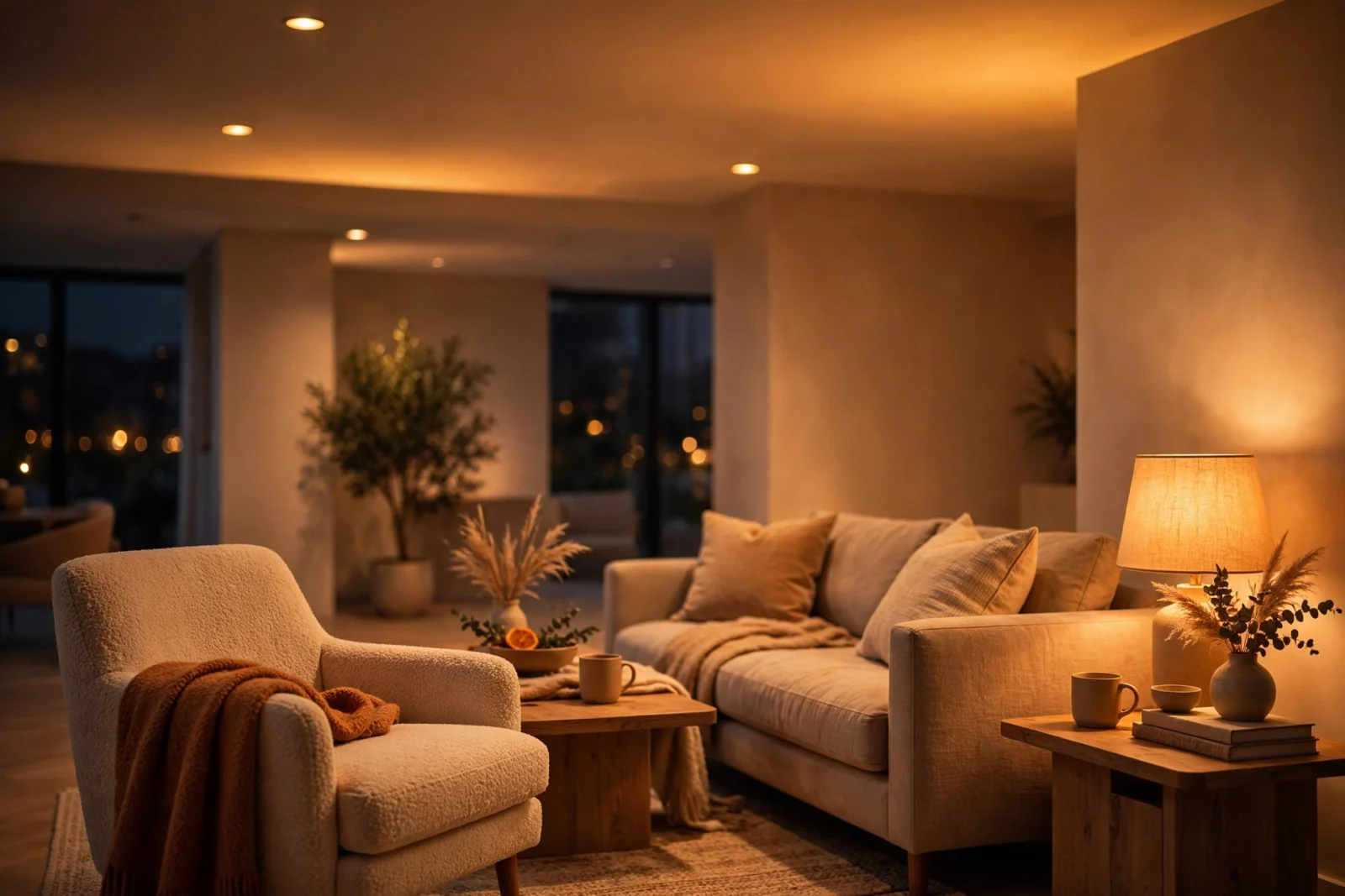 Cozy living room with smart ceiling lights glowing warm at evening color temperature