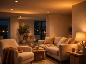 Cozy living room with smart ceiling lights glowing warm at evening color temperature