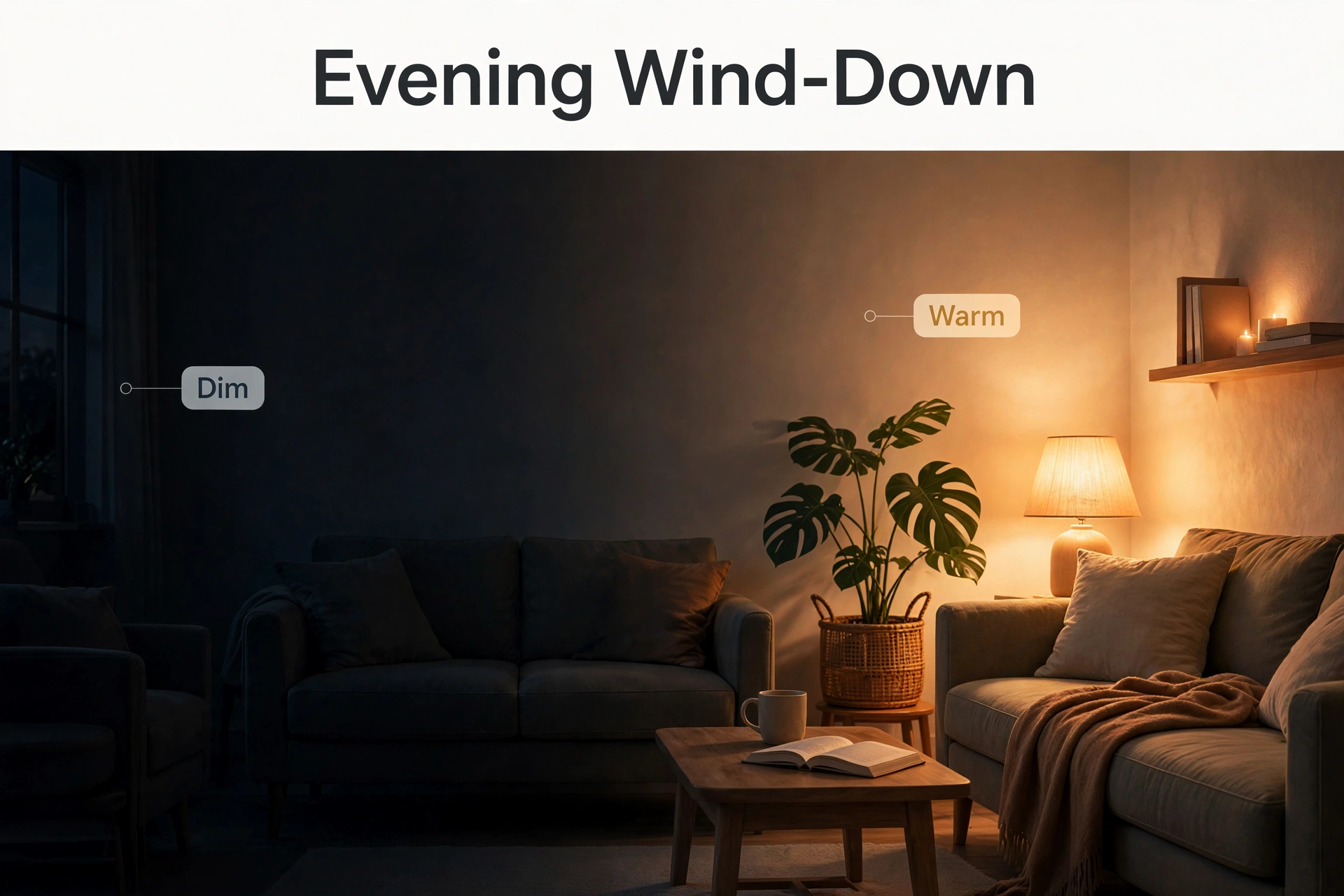 Living room transitioning to dim warm evening lighting