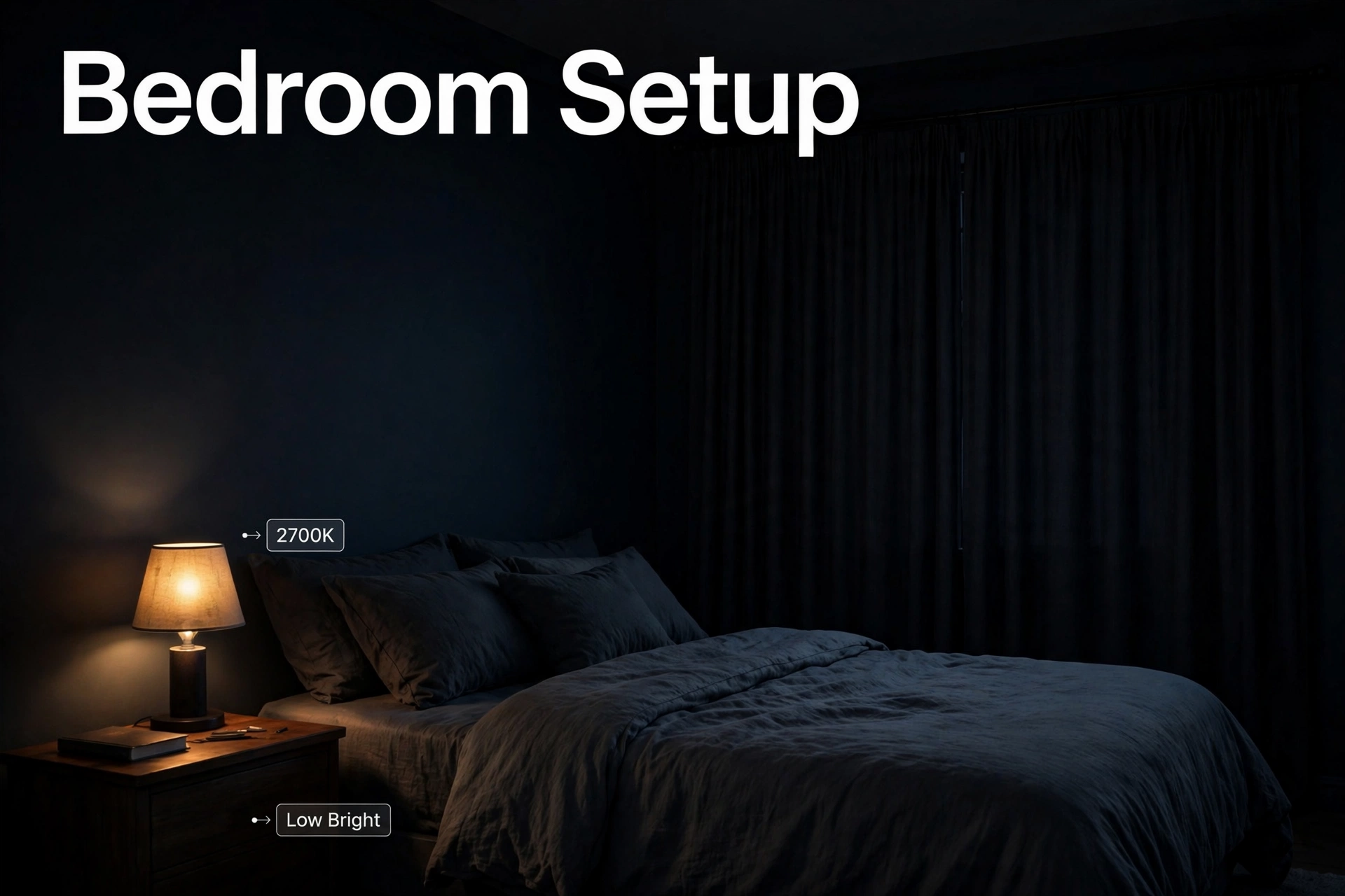 Dark bedroom with a low warm 2700K bedside lamp for sleep