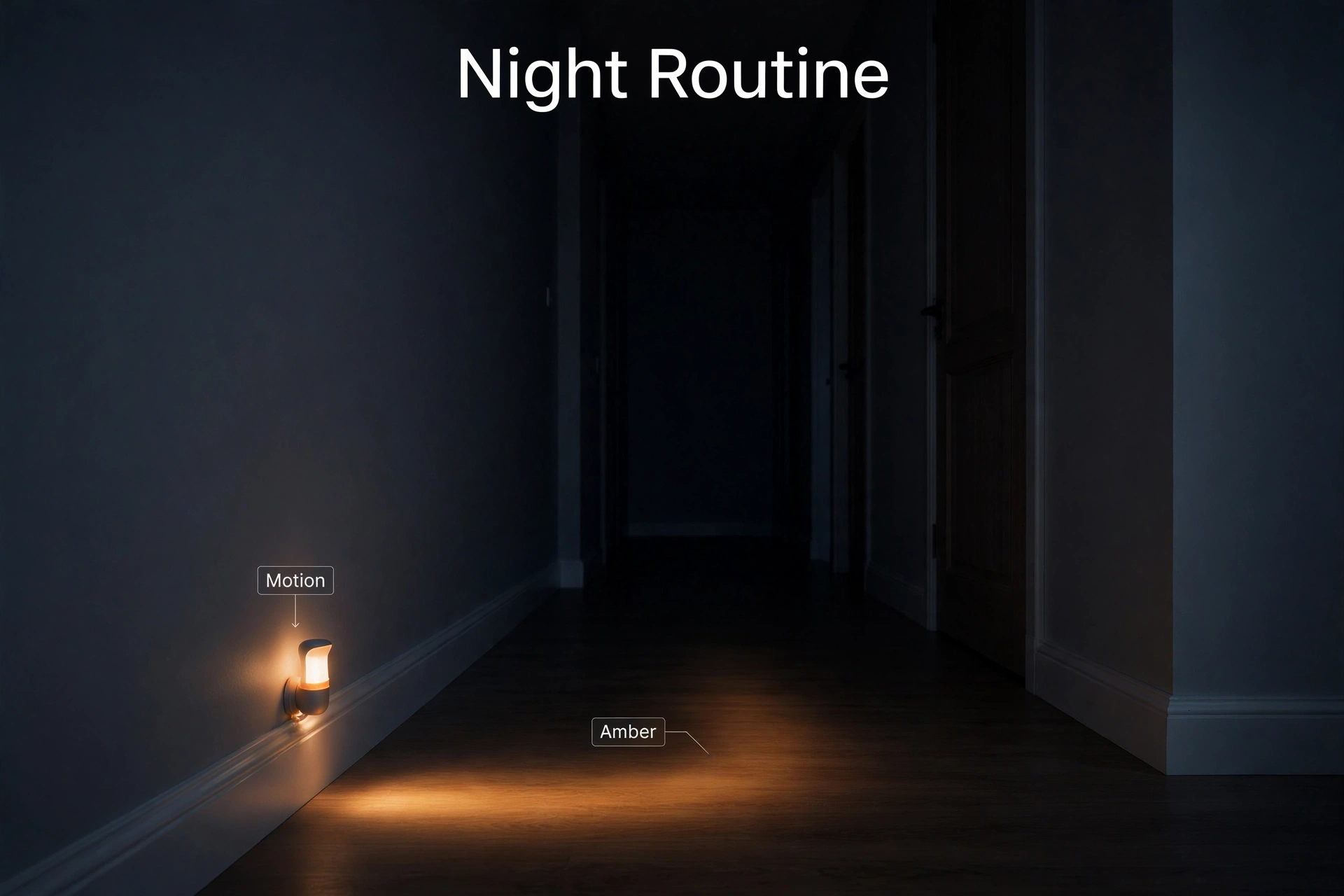 Hallway with an amber motion nightlight glowing softly at night