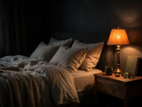 Dark bedroom glowing with a warm amber bedside lamp