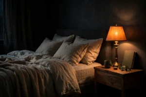 Dark bedroom glowing with a warm amber bedside lamp