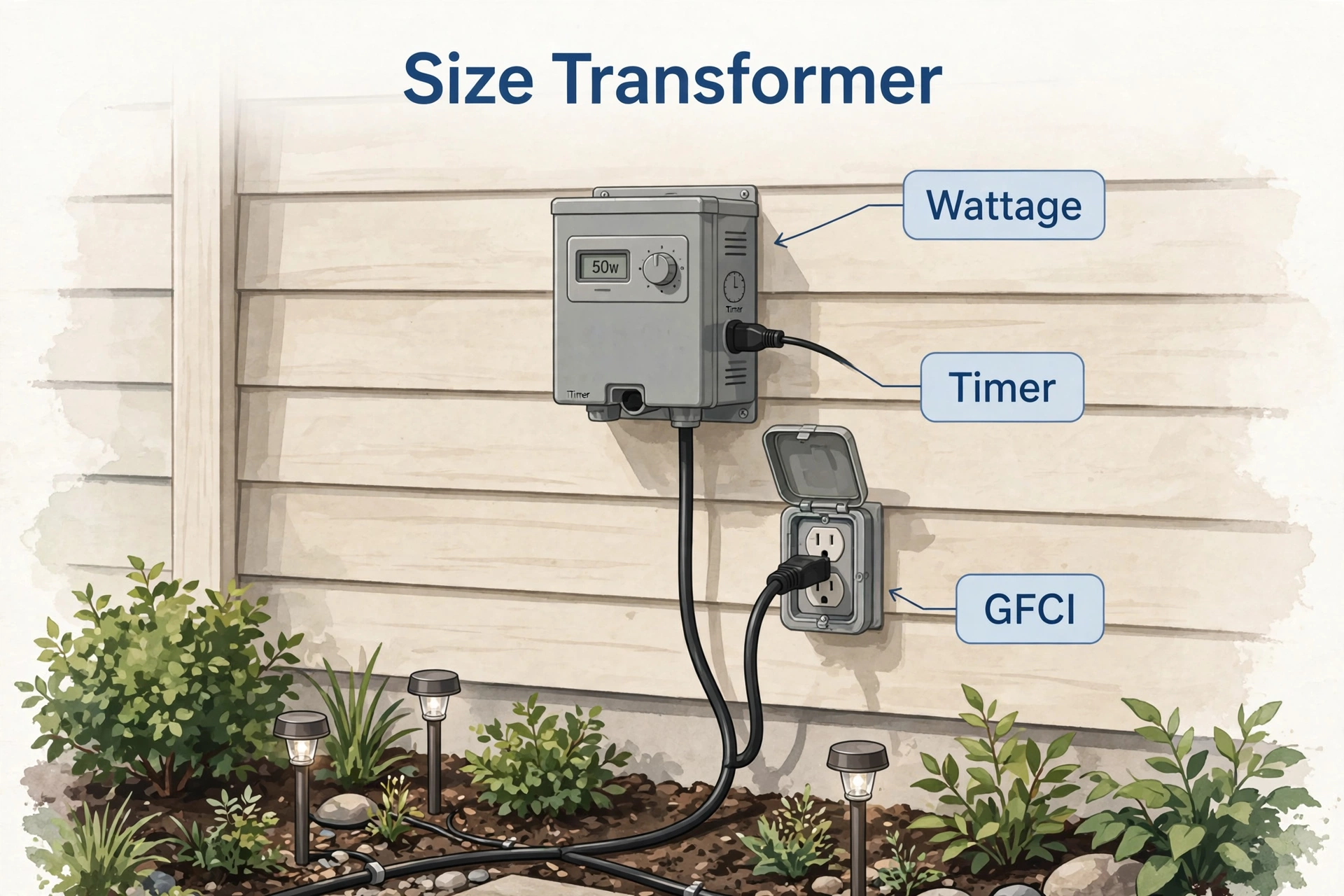 Low-voltage landscape lighting transformer mounted on a house wall near an outdoor GFCI outlet
