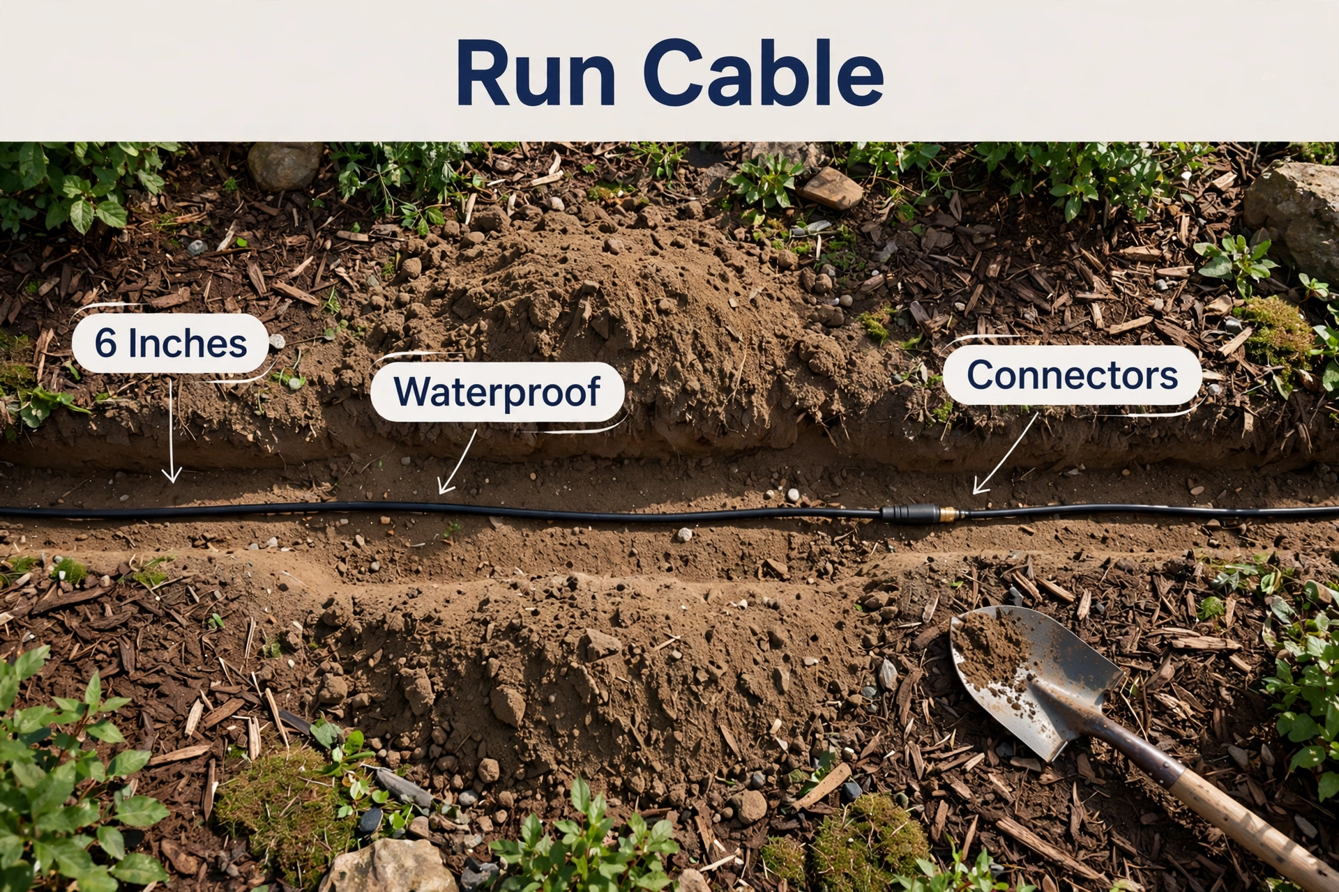 Low-voltage cable laid in a shallow 6-inch trench with a waterproof connector, shovel nearby