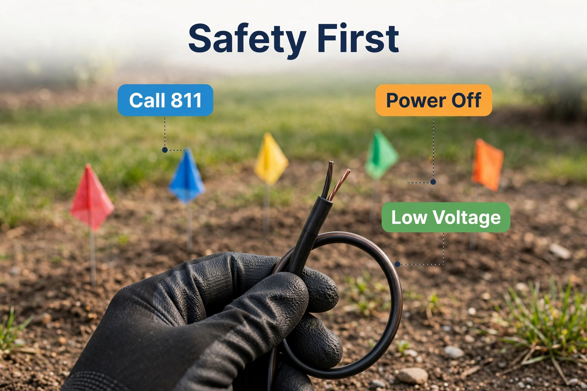 Gloved hand holding low-voltage cable with utility marking flags in the yard behind
