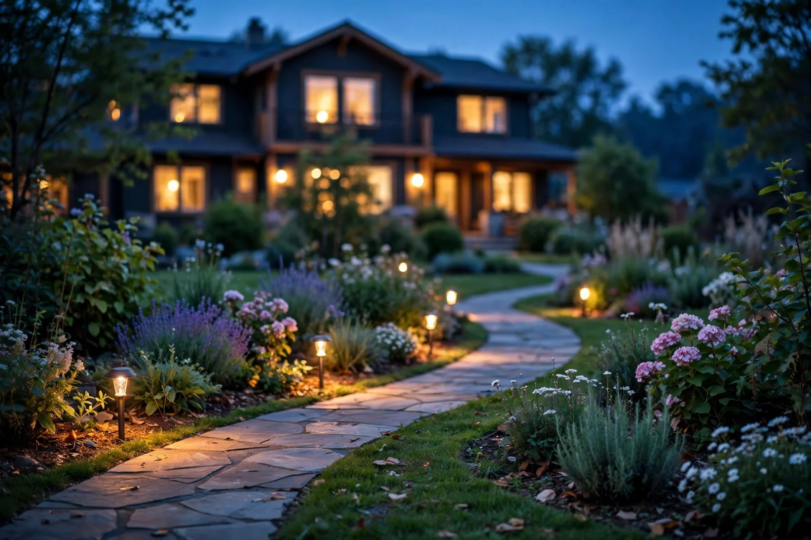 Backyard garden at dusk with warm low-voltage path lights glowing along a stone walkway and a house in the background