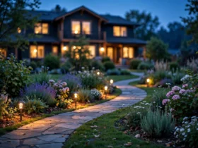 Backyard garden at dusk with warm low-voltage path lights glowing along a stone walkway and a house in the background