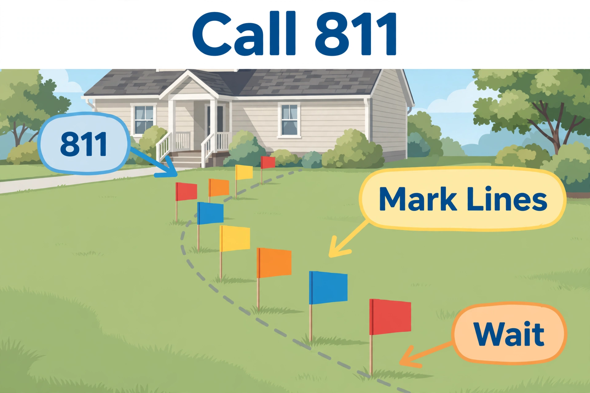 Colored utility marking flags in a yard with callouts to call 811, mark lines, and wait before digging