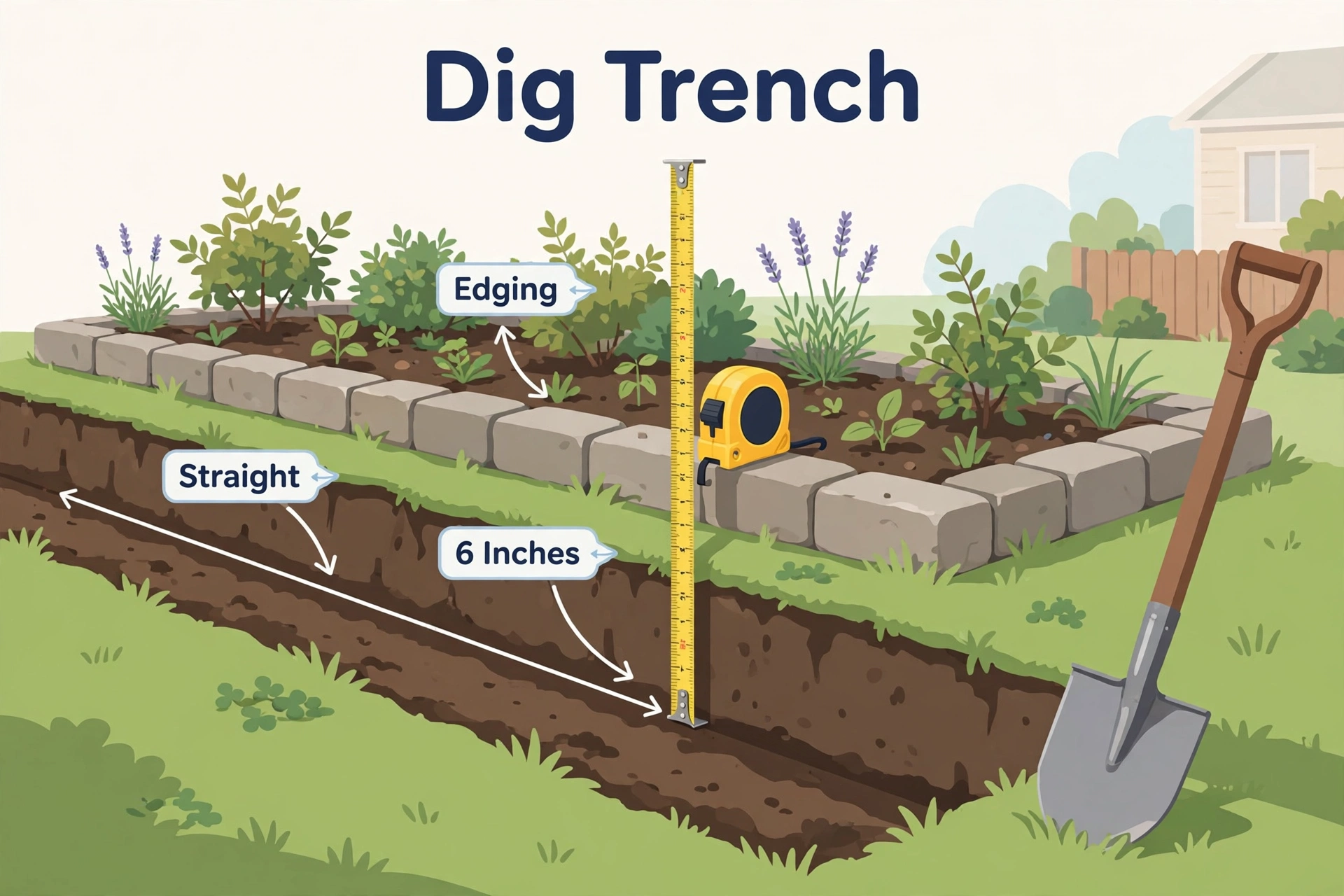 Tape measure showing six-inch trench depth beside a garden bed with callouts for straight trench and edging