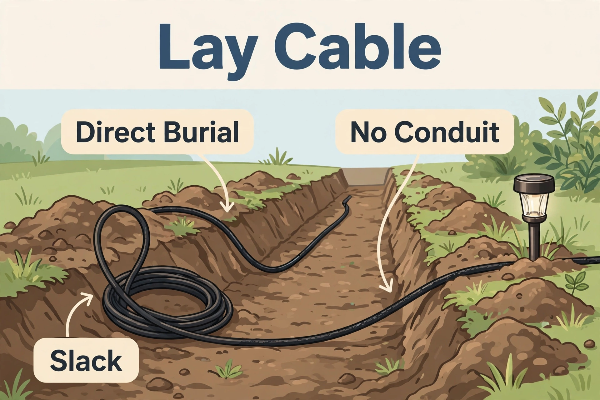 Low-voltage landscape cable lying in an open trench with a slack loop, showing direct burial without conduit