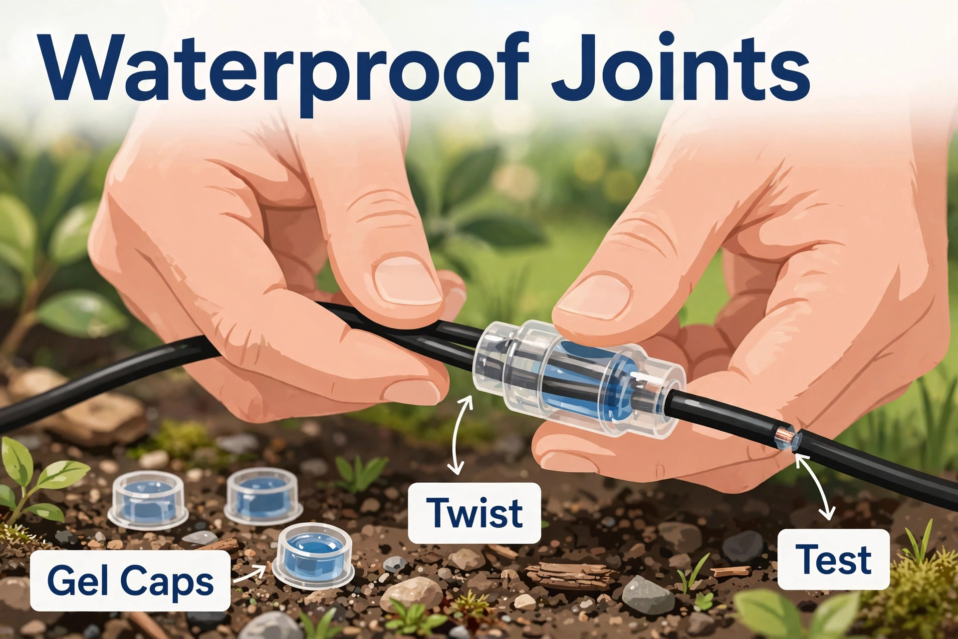 Close-up of hands joining landscape lighting wires with a waterproof gel connector and gel caps