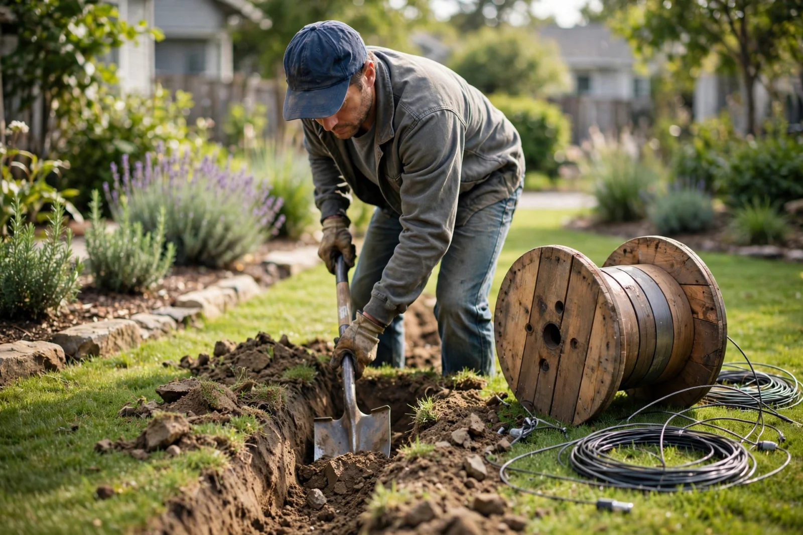 Gardener digging a shallow trench in a garden with a cable spool of landscape lighting wire nearby