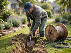 Gardener digging a shallow trench in a garden with a cable spool of landscape lighting wire nearby