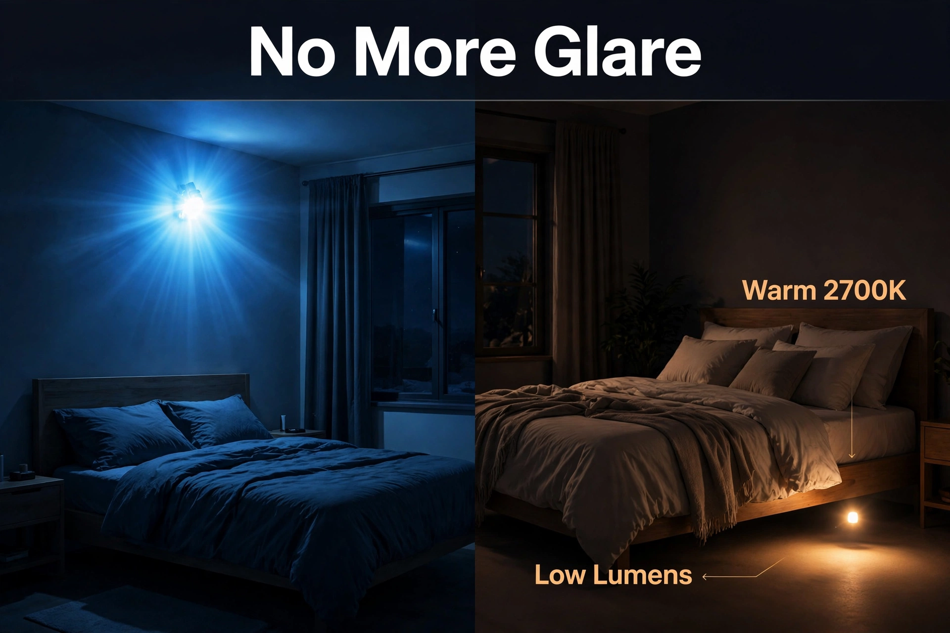 Side-by-side comparison of harsh cool-white night light glare versus a warm dim 2700K low-lumen night light in a bedroom.