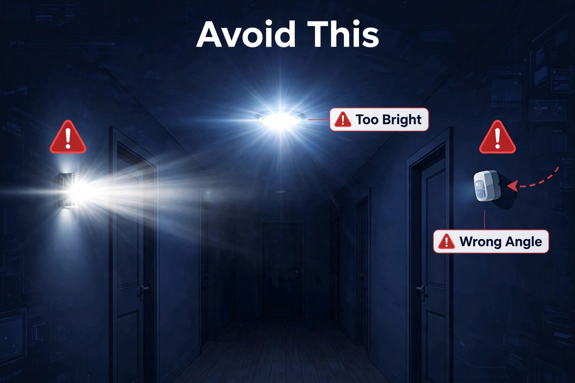 Illustration of common night light mistakes to avoid: a light that is too bright and a motion sensor aimed at the wrong angle.