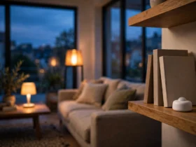 Modern living room at dusk with warm smart lamps glowing and a small light sensor on a wooden shelf