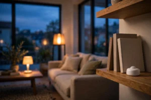 Modern living room at dusk with warm smart lamps glowing and a small light sensor on a wooden shelf